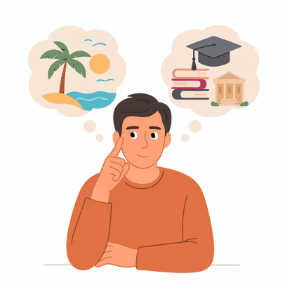 Hombre pensando en un viaje al caribe vs universidad o estudios